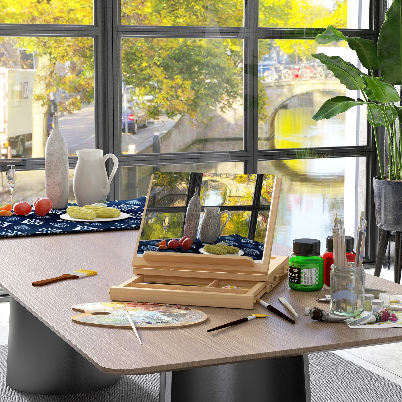 Wooden Table Easel Box with Storage Portable Folding Artist Easel, Natural