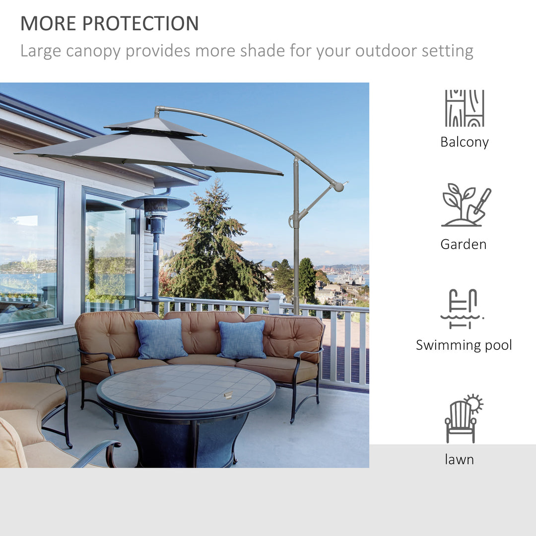 MCL 2.7m Garden Banana Parasol Cantilever Umbrella with Crank Handle, Double Tier Canopy and Cross Base for Outdoor, Hanging Sun Shade, Dark Grey