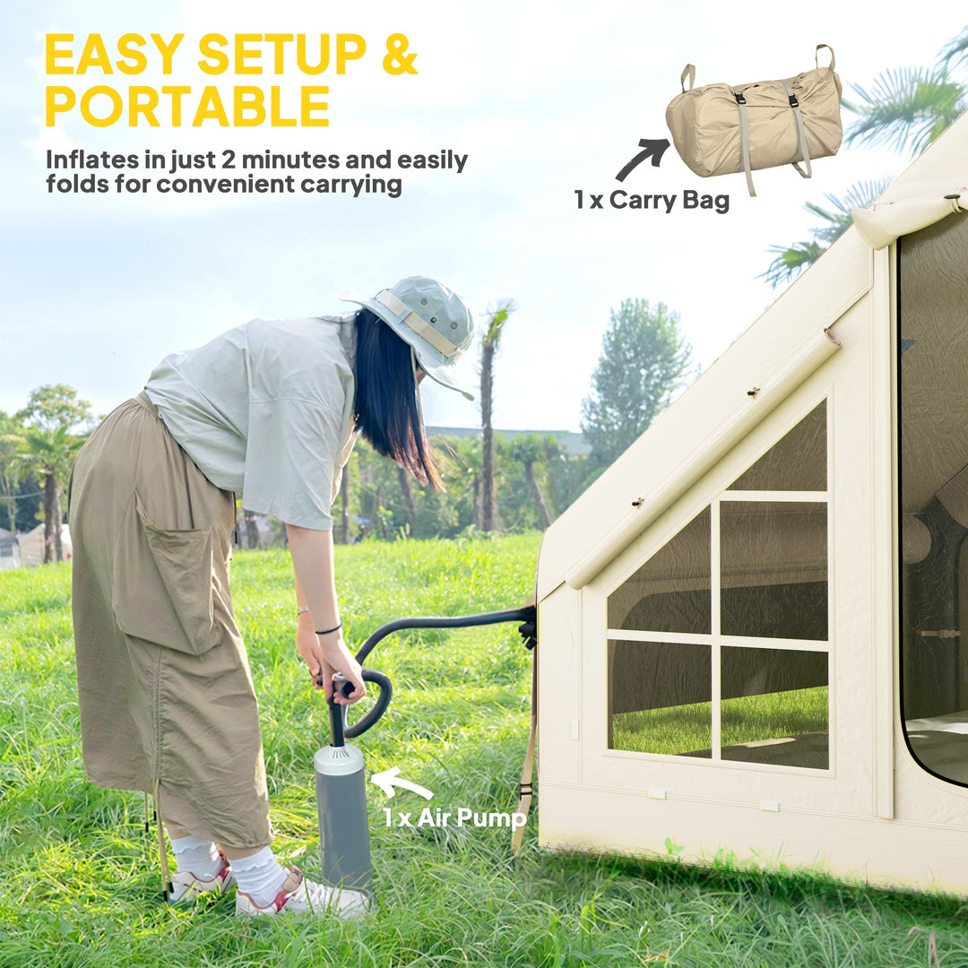 Inflatable Camping Tent with Pump and Stove Jack Hole, Easy Setup 2-4 Person Blow Up Tent, Waterproof Luxury Inflatable Tent with Mesh Windows, Doors, Hook and Carry Bag, Beige