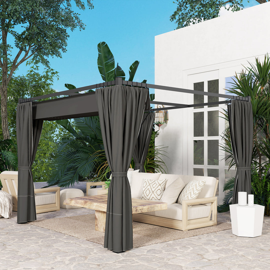 3 x 3(m) Retractable Pergola, Garden Gazebo Shelter with Curtains, for Grill, Patio, Deck, Charcoal Grey