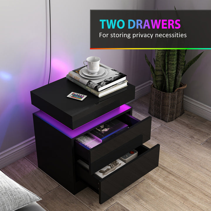 Black Bedside Table with LED Light, High Gloss Front Nightstand with 2