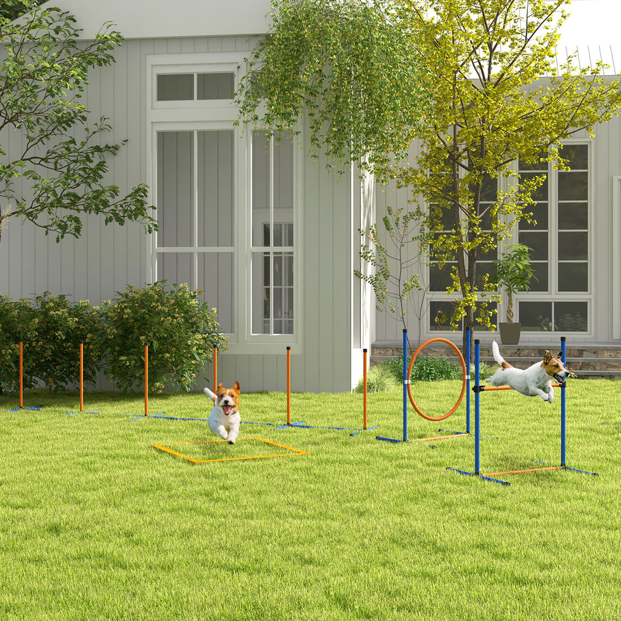 Dog Agility Training Equipment with Weave Poles, Jump Ring, Pause Box, Adjustable Hurdle, Carry Bag, Orange