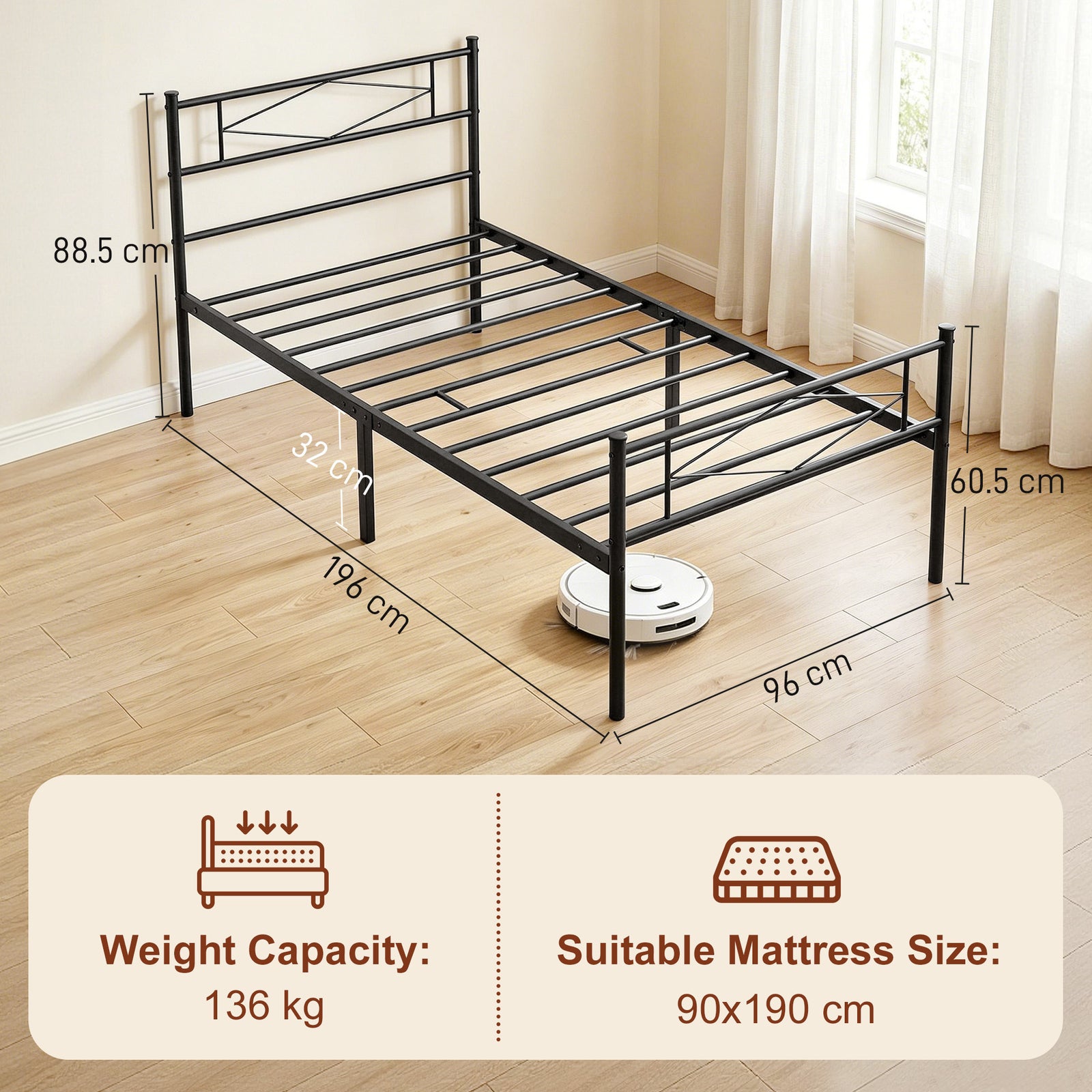 3ft Single Bed Frame with Headboard and Footboard, Metal Platform Bed 