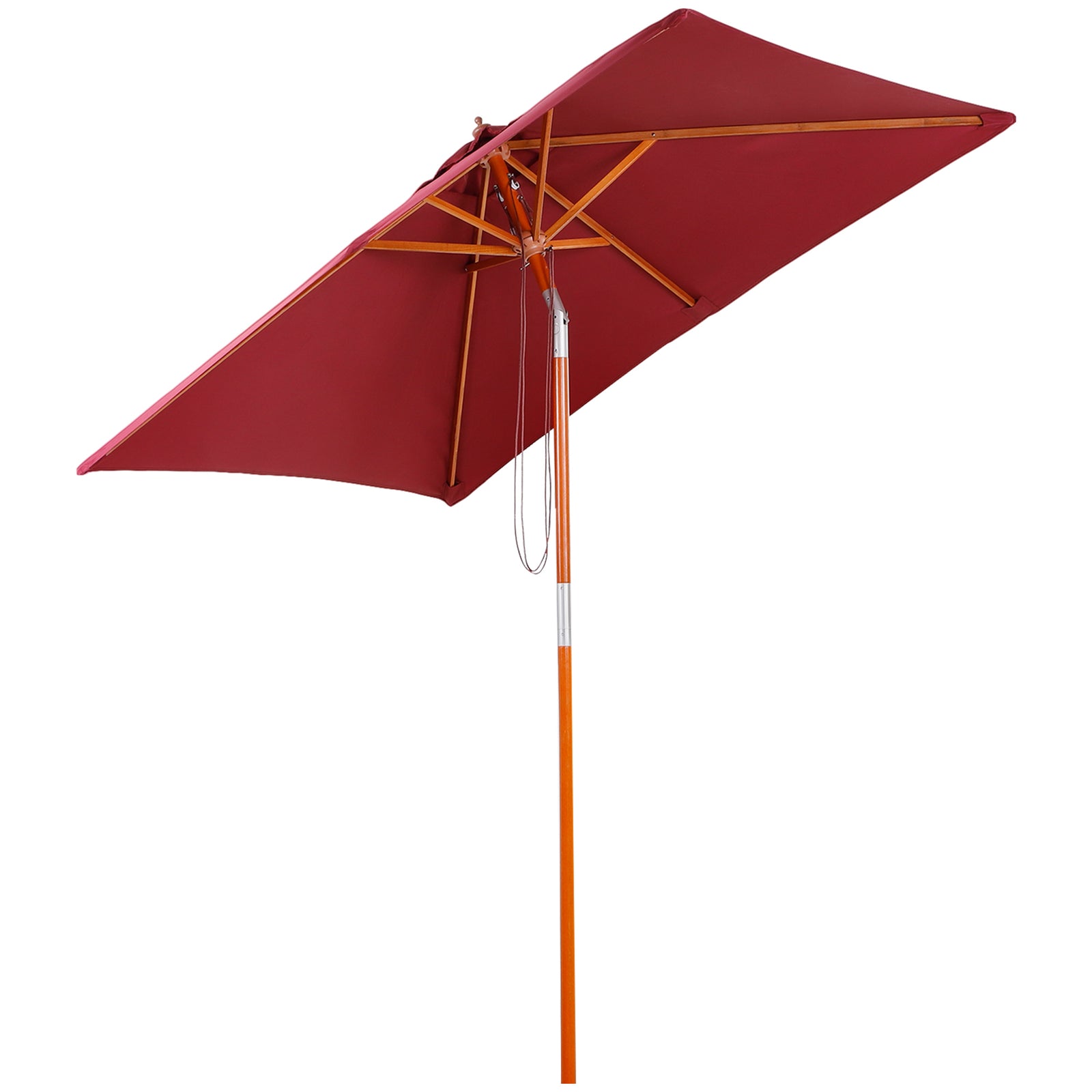 2m x 1.5m Garden Parasol Umbrella with Tilting Sunshade Canopy, Outdoor Market Table Umbrella with Wood and Bamboo Frame, Wine Red