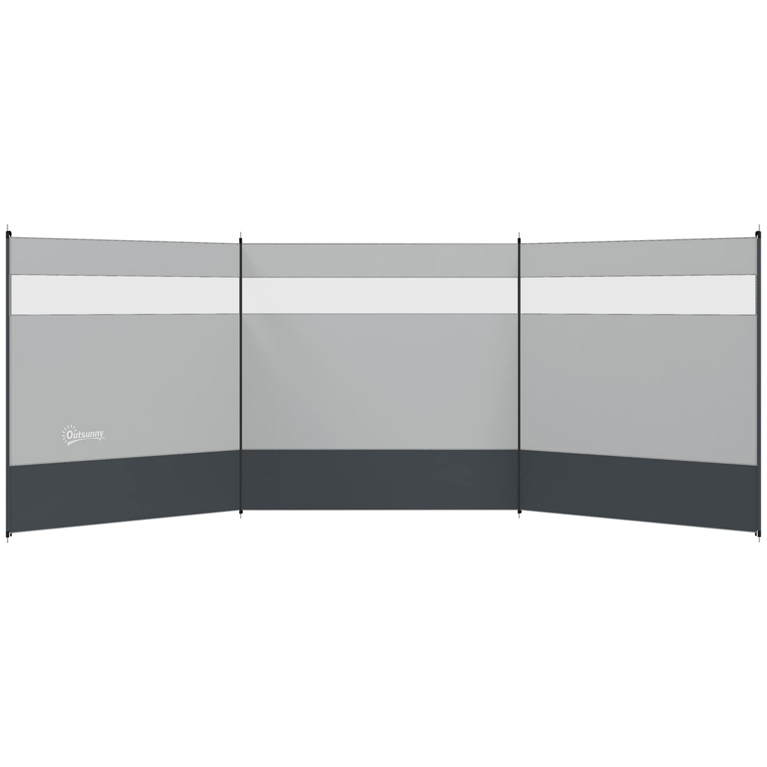 Camping Windbreaker with Clear Windows, Carry Bag and Steel Poles, for Beach Caravan Campervan, 440 x 140cm, Grey