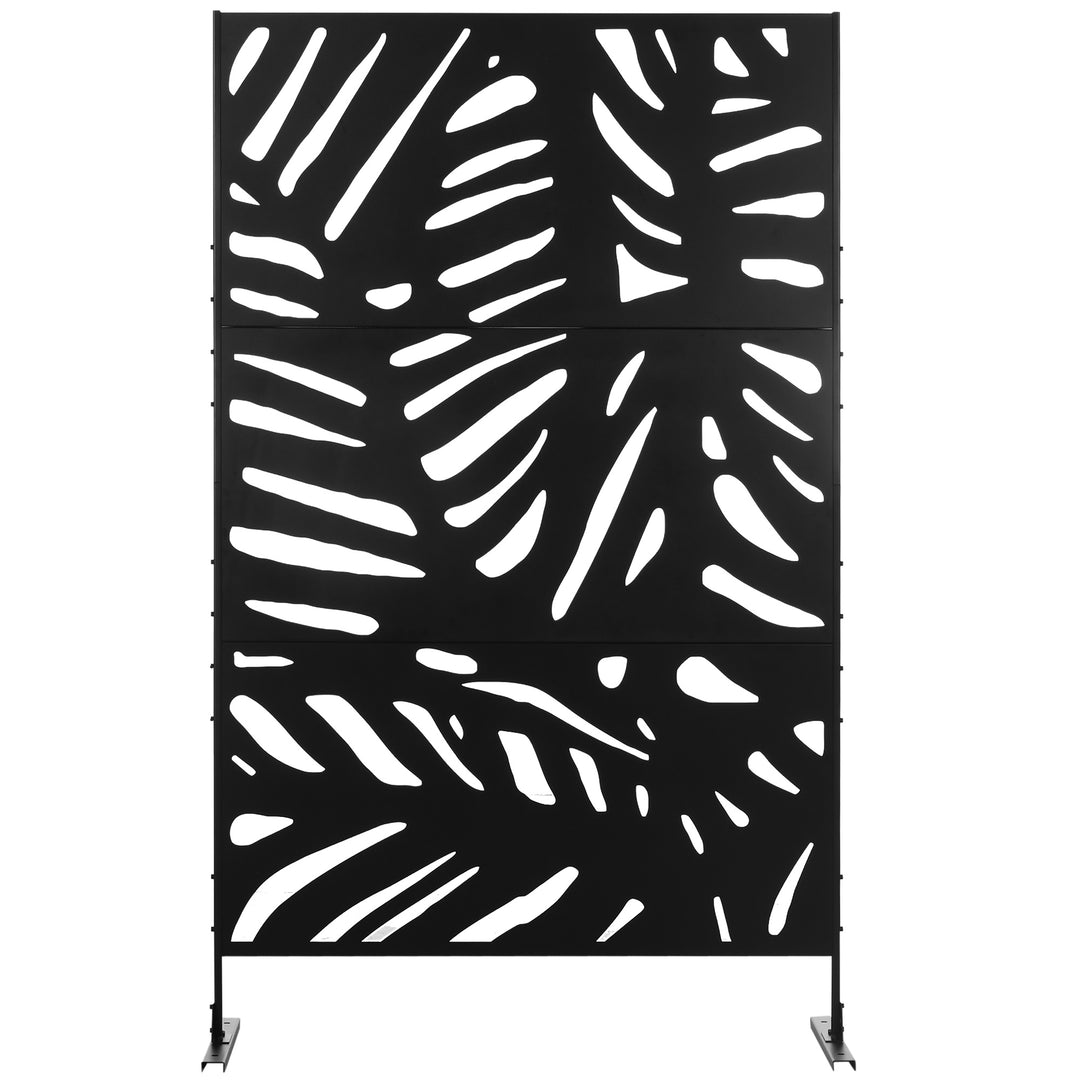 Decorative Garden Privacy Screen with Stand, 6.5FT Freestanding Metal Outdoor Divider, Decorative Privacy Panel with Expansion Screws for Garden Pool Hot Tub, Large Leaves Style, Black