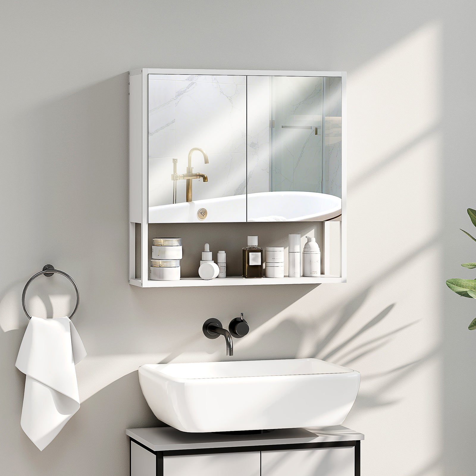 Bathroom Mirror Cabinet with Soft-Close Doors and Adjustable Shelf - White