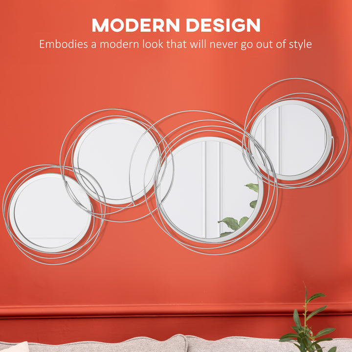 Metal Wall Mirrors, 107cm Modern Decorative Silver Mirror Decor Hanging, Home Wall Sculptures for Living Room Bedroom Dining Room