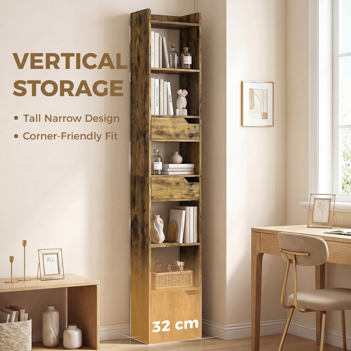 Bookcase Tall Narrow with 5 Tiers and Drawers Freestanding Bookshelf S