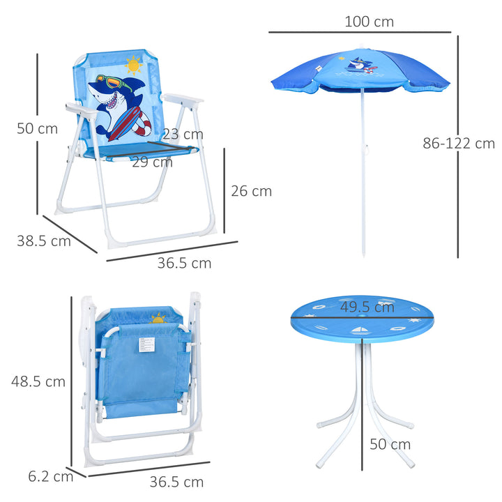 Kids Outdoor Bistro Table and Chair Set, Folding Garden Furniture w/ Shark Design, Removable, Adjustable Sun Umbrella, Ages 3-6 Years - Blue