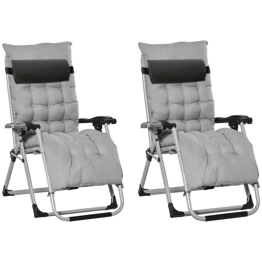 2pc Reclining Zero Gravity Sun Loungers ,Folding Chaise Lounge Chair with Cushions, Light Grey