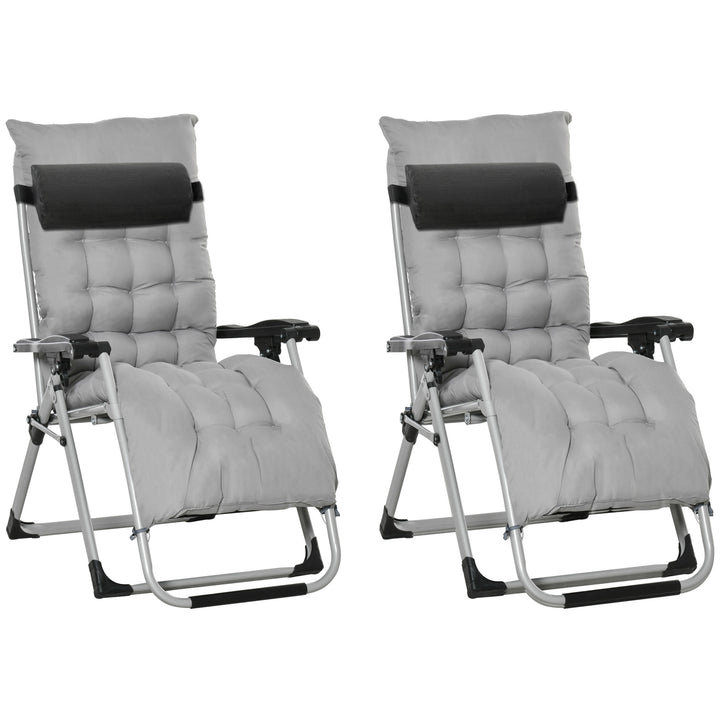 2pc Reclining Zero Gravity Sun Loungers ,Folding Chaise Lounge Chair with Cushions, Light Grey