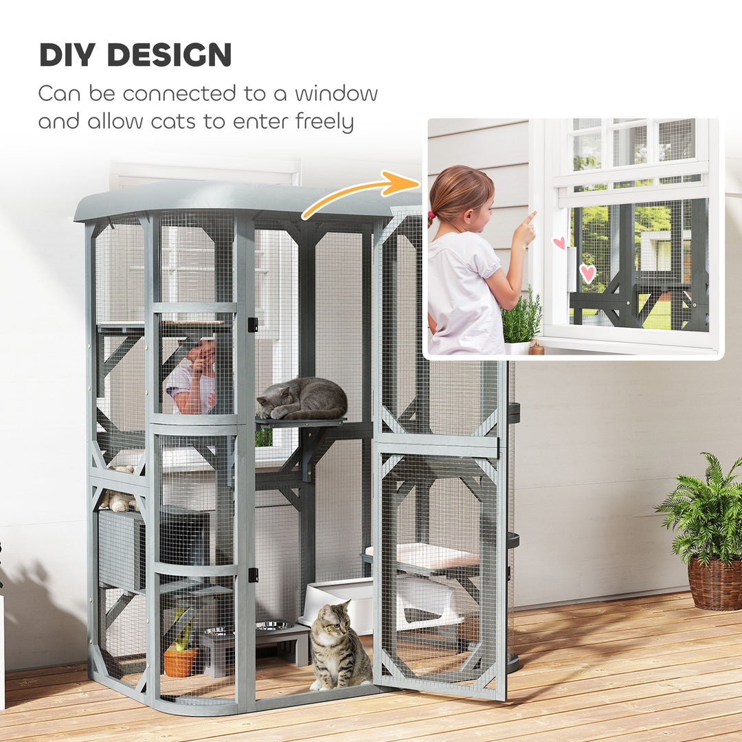 Catio Outdoor Cat Enclosure, Wooden Cat House with Platforms, Condo and Waterproof Cover for 2–3 Kittens