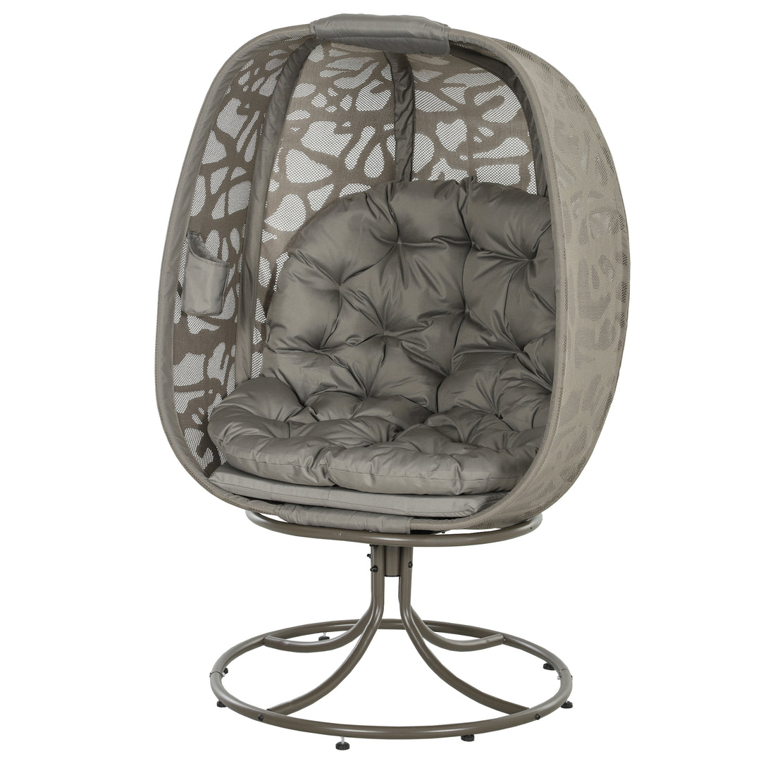 Swivel Egg Chair with Cushions, Foldable Basket Seat and Metal Frame, Indoor Outdoor Lounge Chair for Balcony, Poolside, Patio and Living Room, Sand Brown