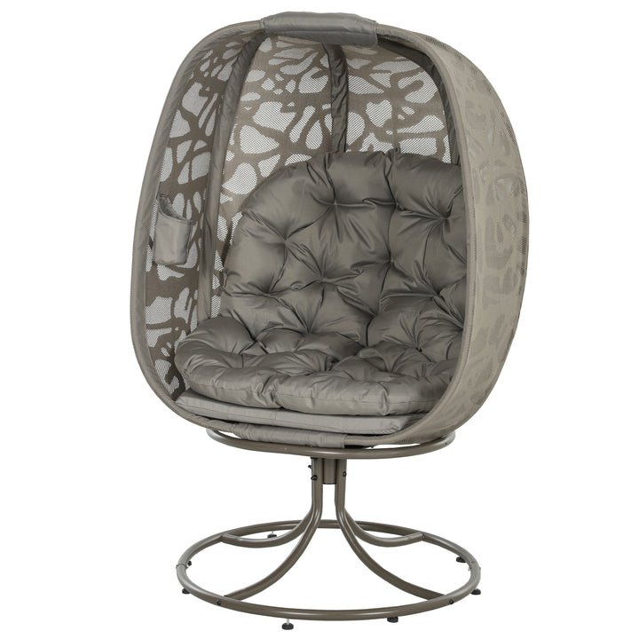Swivel Egg Chair with Cushions, Foldable Basket Seat and Metal Frame, Indoor Outdoor Lounge Chair for Balcony, Poolside, Patio and Living Room, Sand Brown