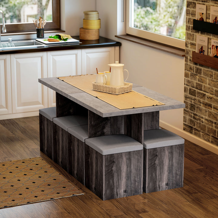 5PC Dining Set Garden Patio Wooden Set 4 Storage Stools Footrest Ottoman with Cushions + 1 Table Space Saving Design Indoor Outdoor