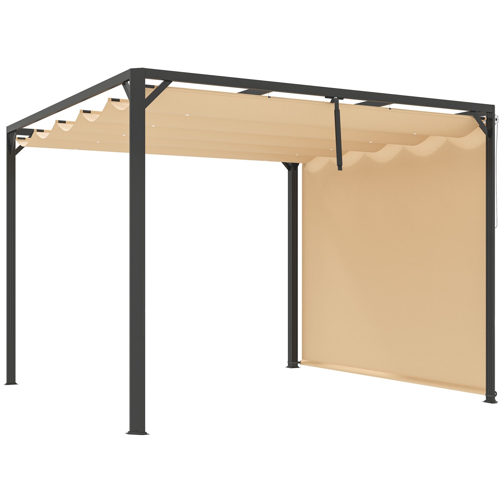 3 x 3m Aluminium Pergola, with Retractable Roof and Wall - Khaki
