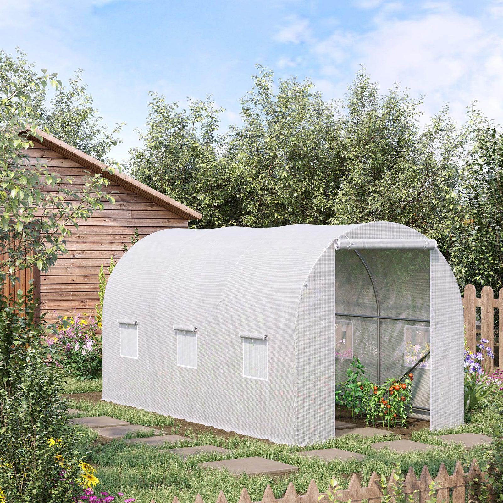 3.5 x 2 x 2 m Polytunnel Greenhouse, Walk-in Green House for Garden with Mesh Windows, Galvanised Steel Frame, White