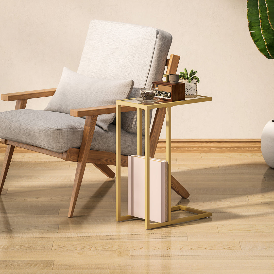C-Shaped Side Table, Modern Slim End Table with Tempered Glass Tabletop, Steel Frame for Small Space, Living Room, Bedroom, Gold Tone