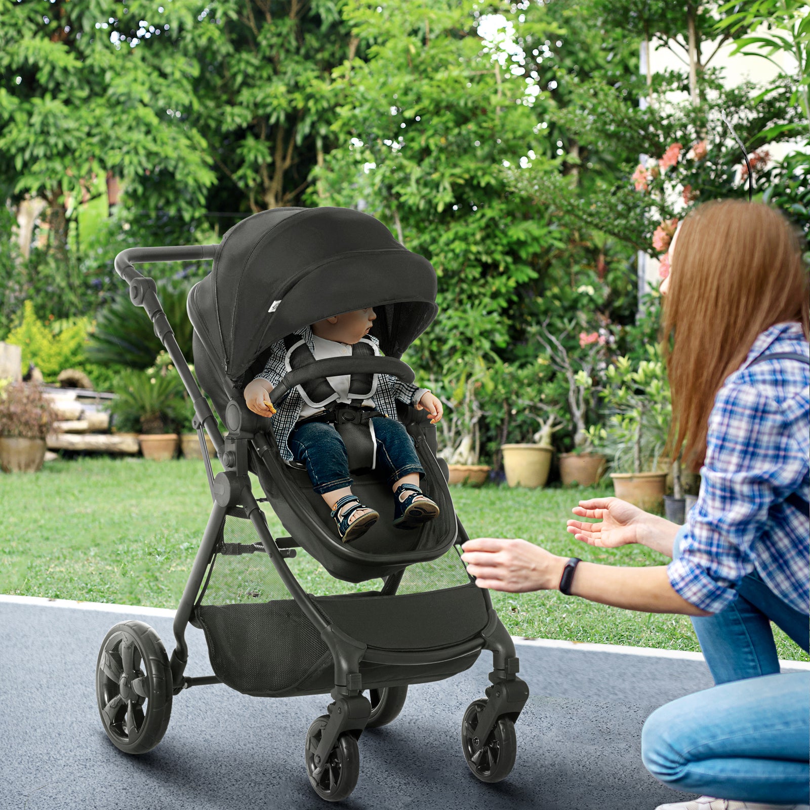 Foldable Baby Stoller, with Reclining Backrest, Adjustable Canopy, for Ages 0-36 Months - Black