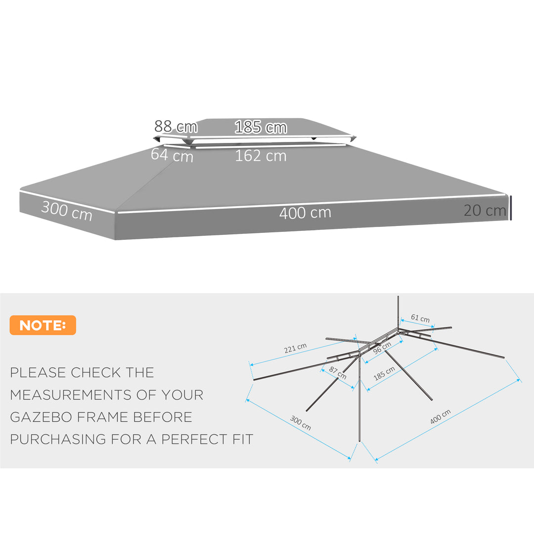 Outsunny Gazebo Replacement Canopy 3x4m, 2 Tier Roof, UV Protection Cover, Outdoor Awning, Light Grey.