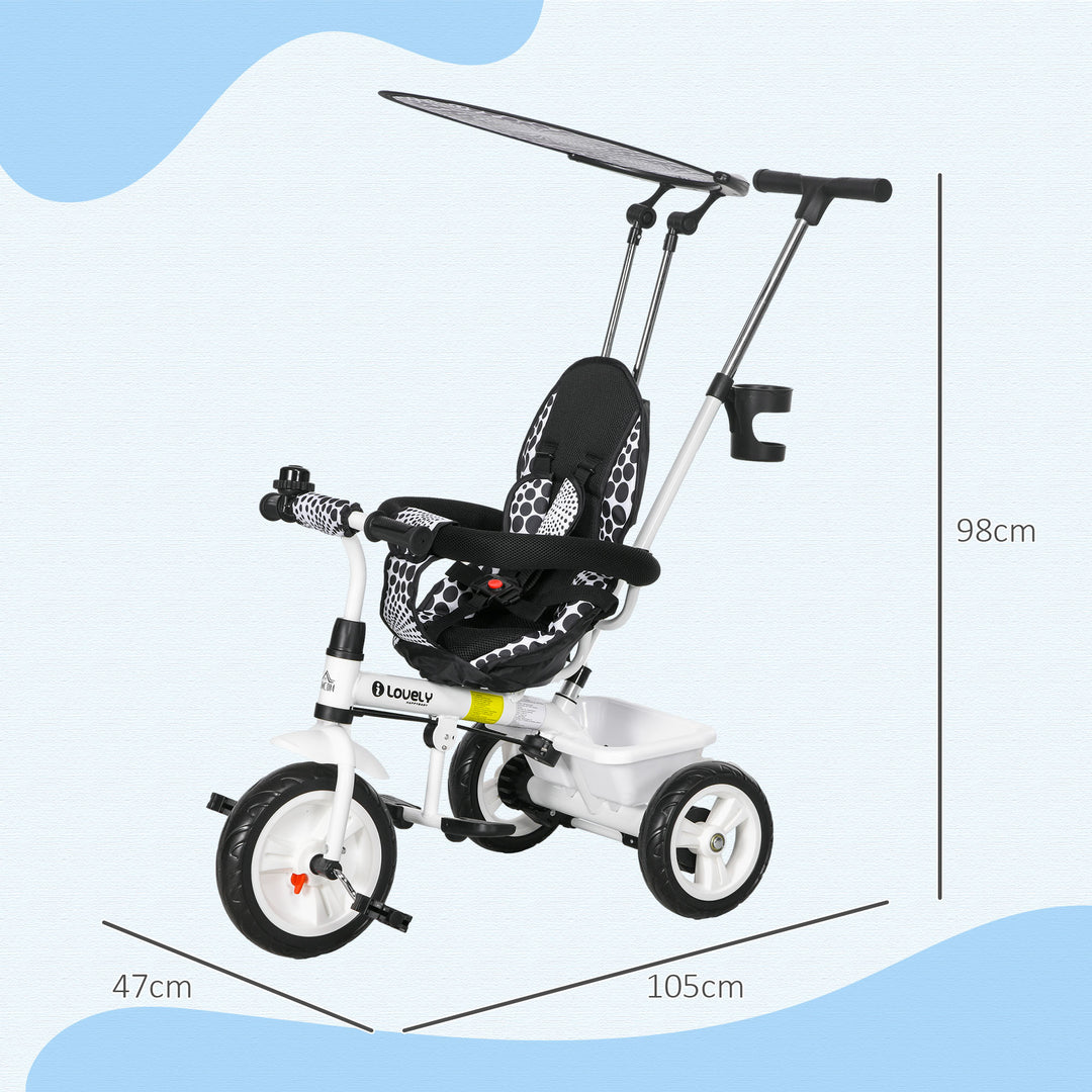 HOMCOM 4 in 1 Tricycle for Kids with 5-point harness straps, Removable Canopy, White