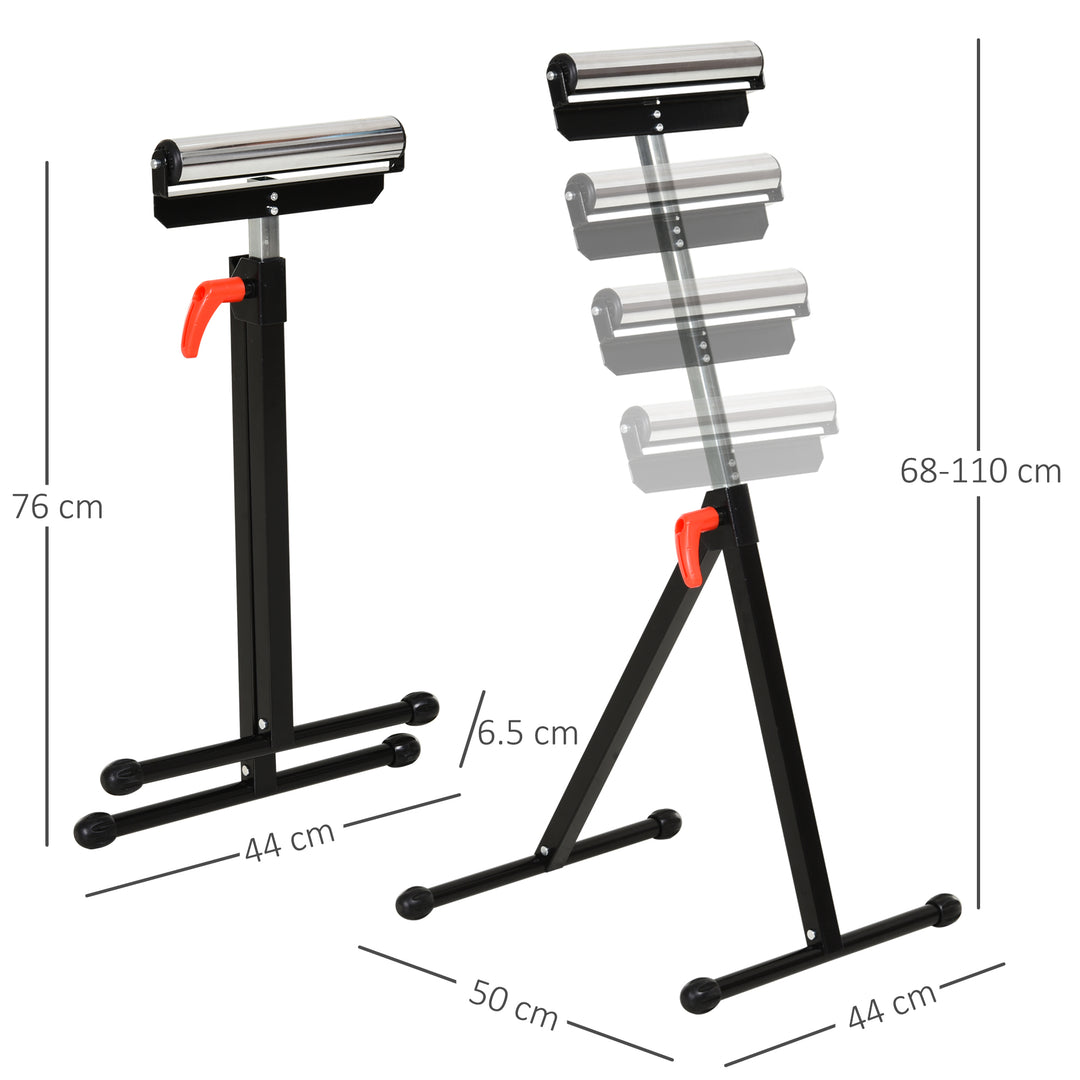 Set of 2 Folding Roller Stand, Material Support Pedestal with Ball Bearing Roller Height Adjustable Portable, Metal Construction, Black