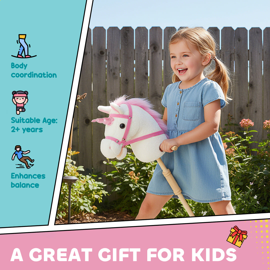 Unicorn Stick Horse with Wood Wheels, Real Pony Neighing and Galloping Sounds, Grip Handle, 95 cm