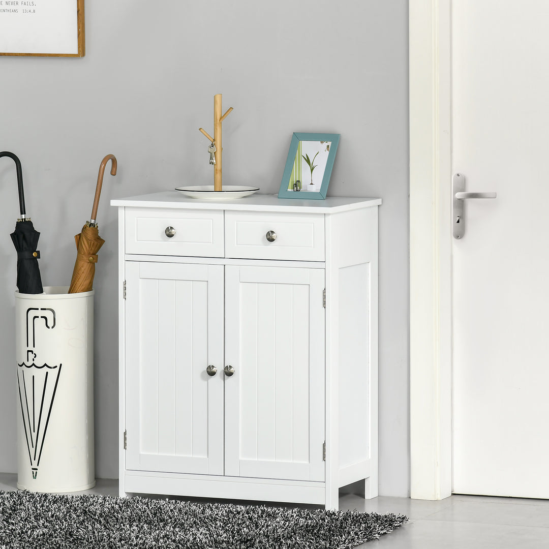 75x60cm Freestanding Bathroom Storage Cabinet Unit w/ 2 Drawers Cupboard Adjustable Shelf Metal Handles Traditional Style White