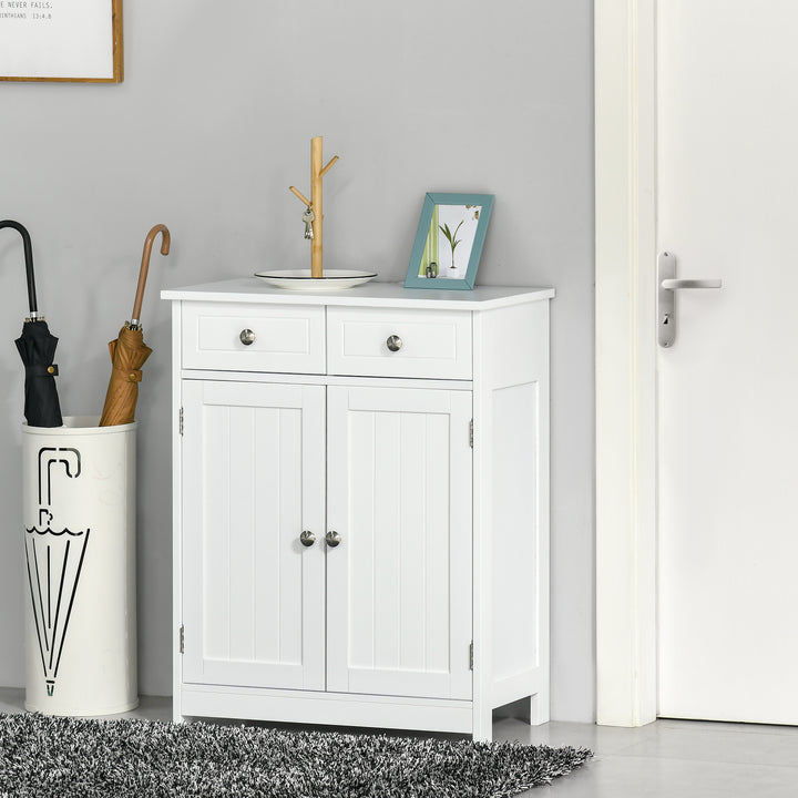 75x60cm Freestanding Bathroom Storage Cabinet Unit w/ 2 Drawers Cupboard Adjustable Shelf Metal Handles Traditional Style White