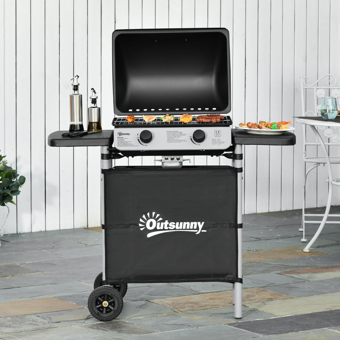 2 Burner Gas BBQ Trolley with Lid, 5.6 kW Gas Barbecue Grill with Wheels, Side Shelves, Black
