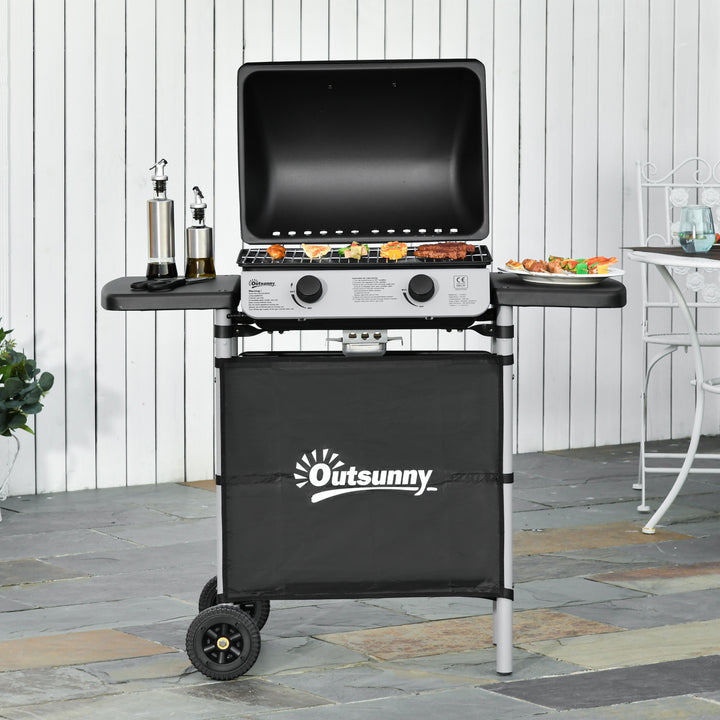 2 Burner Gas BBQ Trolley with Lid, 5.6 kW Gas Barbecue Grill with Wheels, Side Shelves, Black