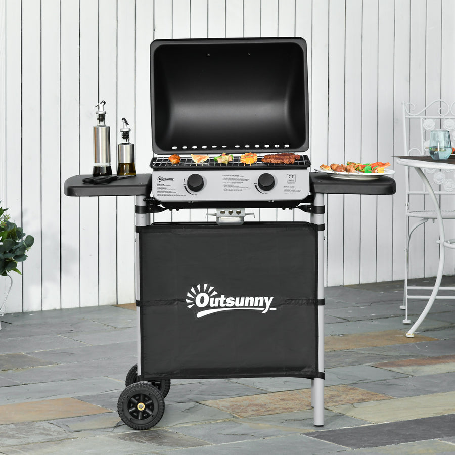 2 Burner Gas BBQ Trolley with Lid, 5.6 kW Gas Barbecue Grill with Wheels, Side Shelves, Black