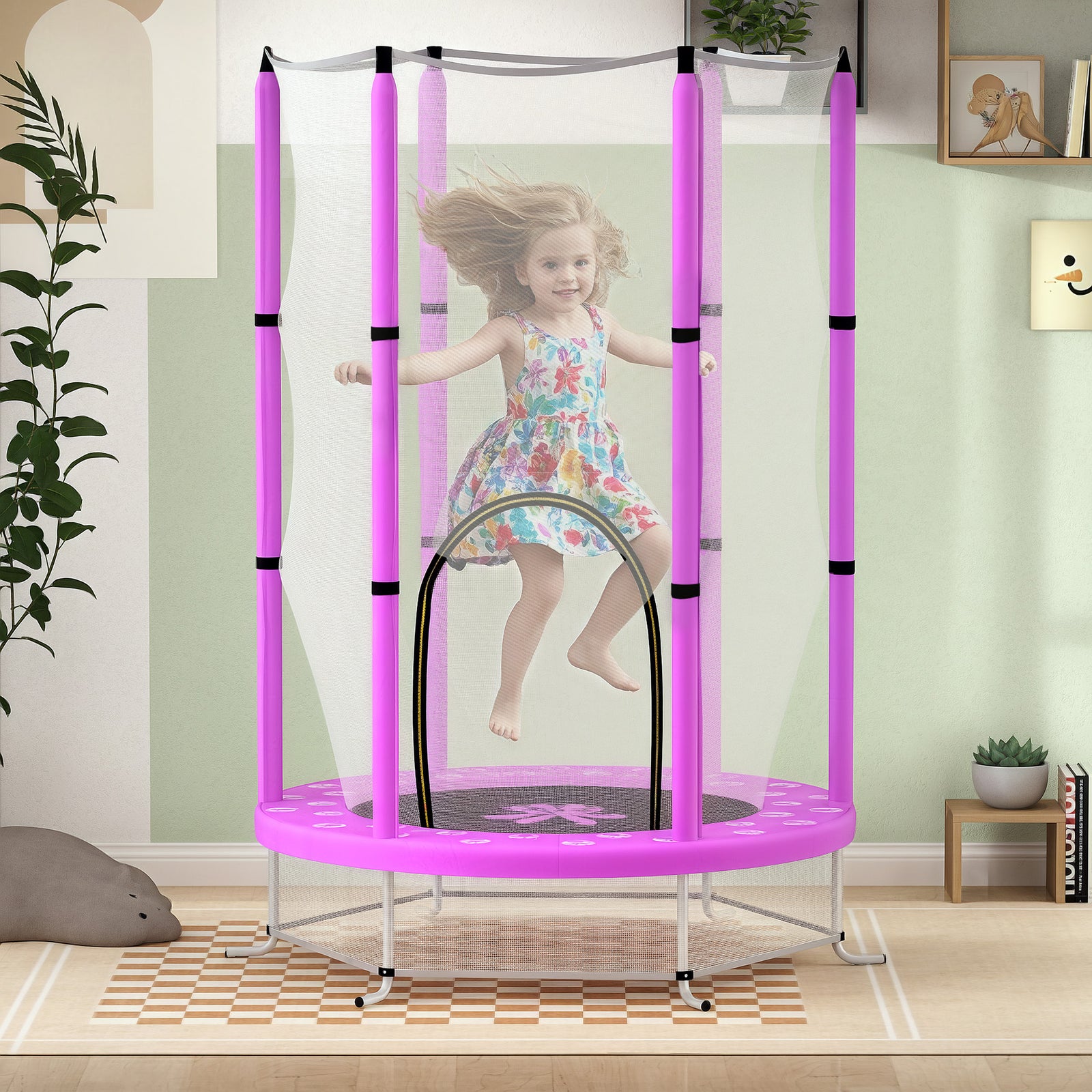 AIYAPLAY 4.6ft Toddler Trampoline w/ Safety Enclosure Net, for Indoor Outdoor Use, Ages 3-6 Years, Purple