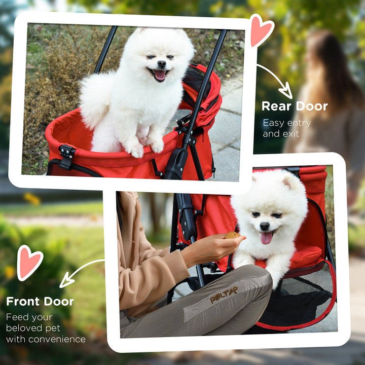 Dog Pram Dog Stroller Foldable Pet Pushchair with 4 Wheels, Safety Leashes, Cup Holder for Small Dogs, Red