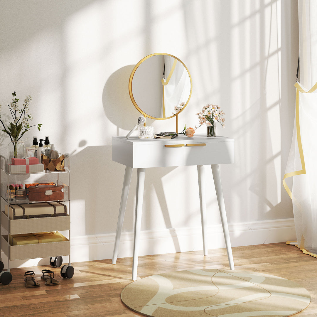 Elegant Dressing Table, with Round Mirror, 60 x 40 x 123 cm - White