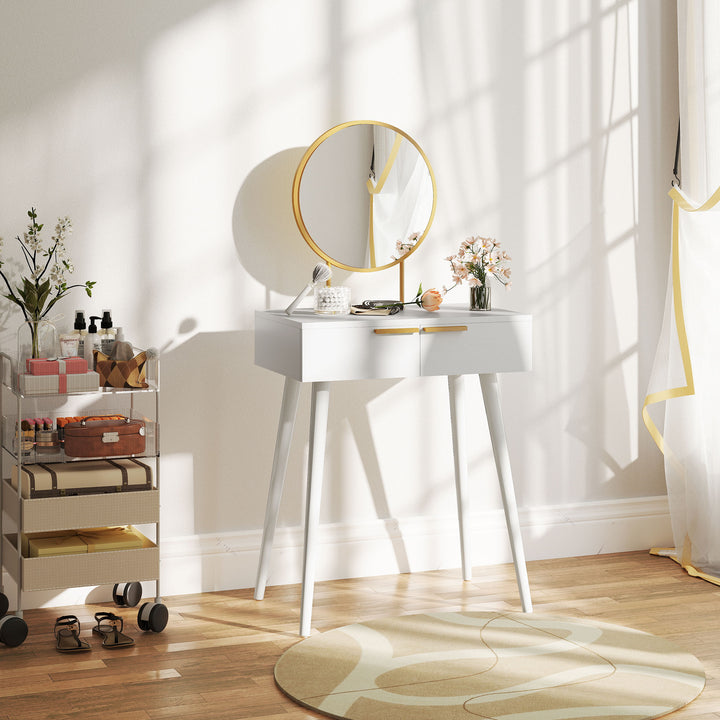 Elegant Dressing Table, with Round Mirror, 60 x 40 x 123 cm - White
