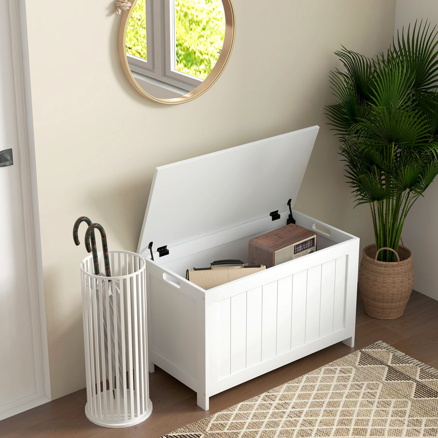 Storage Chest, Modern Storage Trunk with 2 Safety Hinges and Cut-out Handles, Wooden Toy Box for Living Room, Entryway, 76 x 40 x 48 cm, White