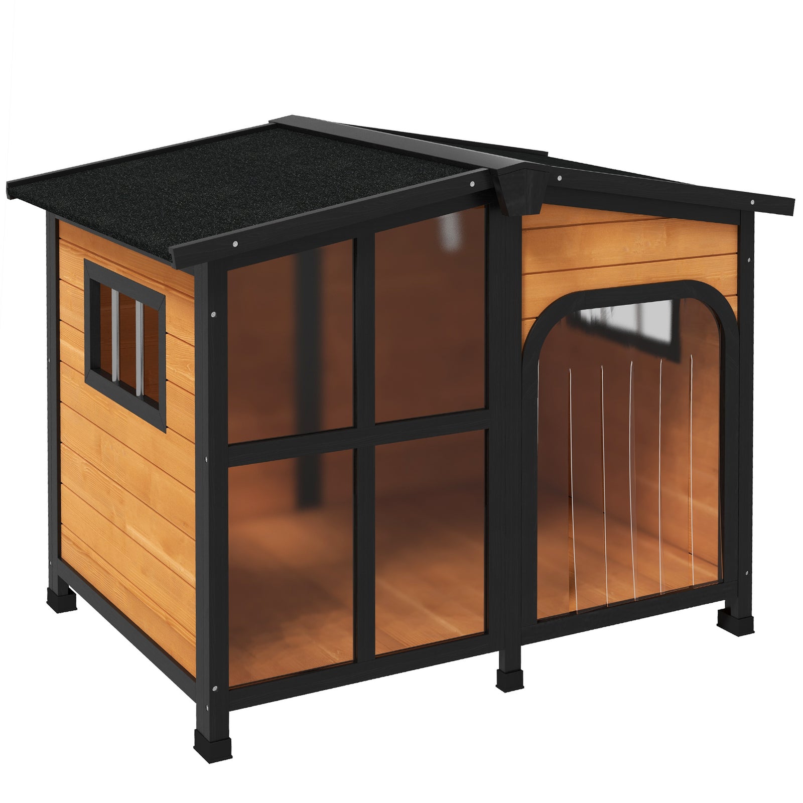 Wooden Dog Kennel with Removable Floor, Asphalt and Openable Roof, Large Window, for Large Dogs, Yellow