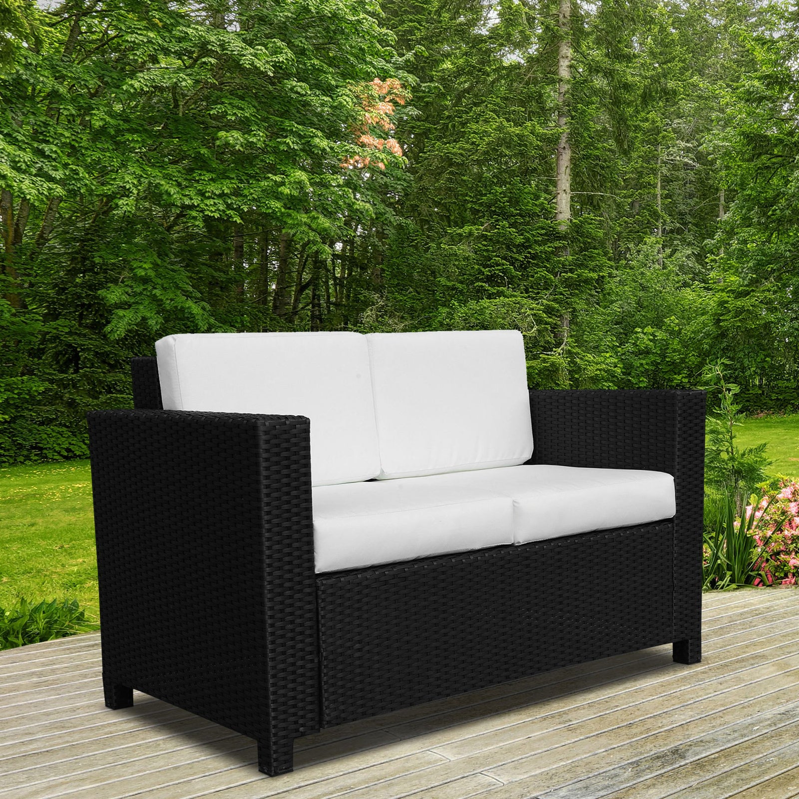 Rattan Sofa, 2 Seater Garden Furniture with Soft Padded Cushion and Armrests, Wicker Garden Loveseat for Patio, Black