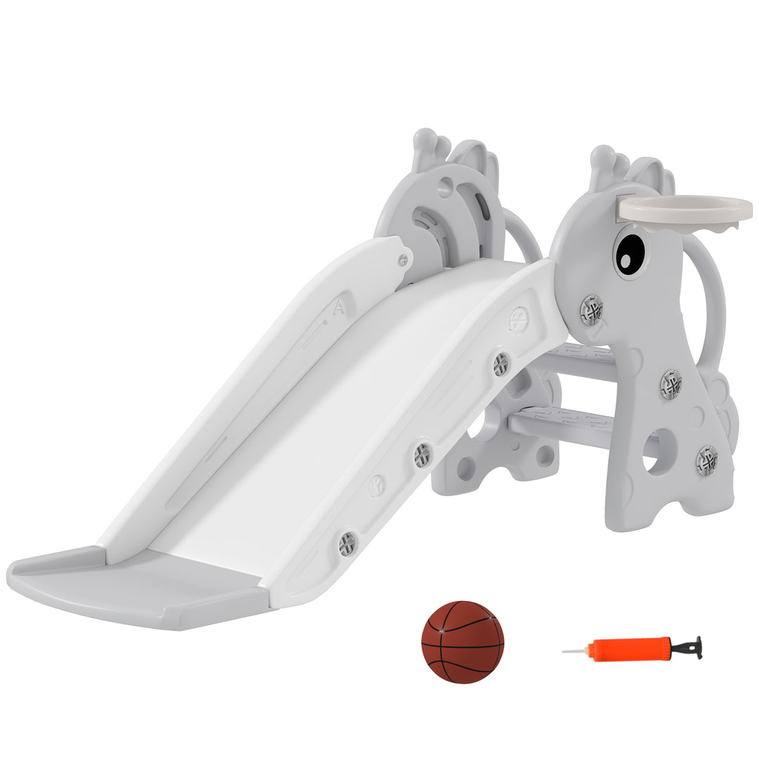 AIYAPLAY 3 in 1 Kids Slide with Climber, Basketball Hoop and Ball, Giraffe Shape Climber Slide for Indoor Kids Age 1-3, Grey