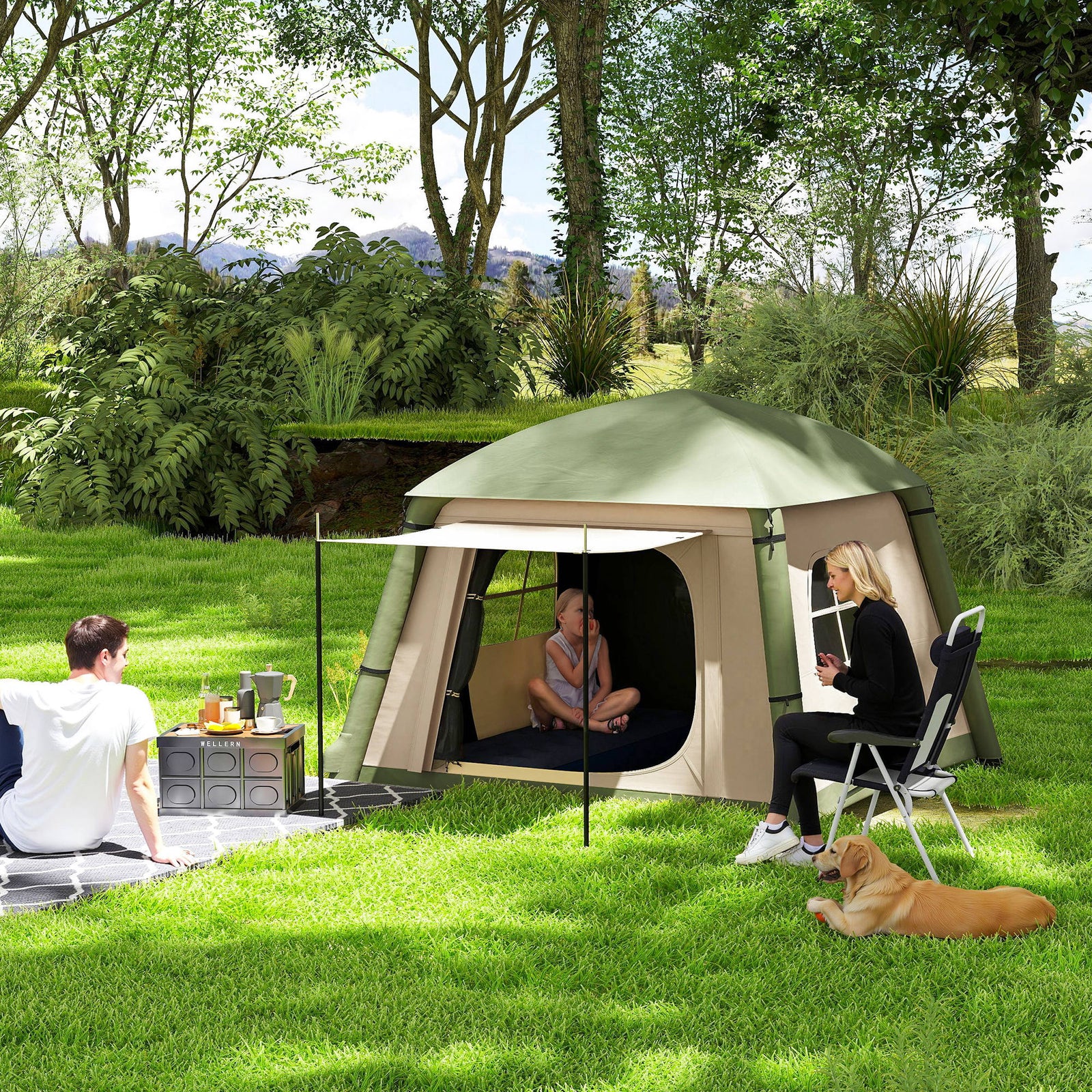 Inflatable Camping Tent w/ Hand Pump, Easy Setup 1/2 Person Blow Up Tent Waterproof 190T Taffeta w/ Mesh Windows, Doors and Carry Bag, Brown