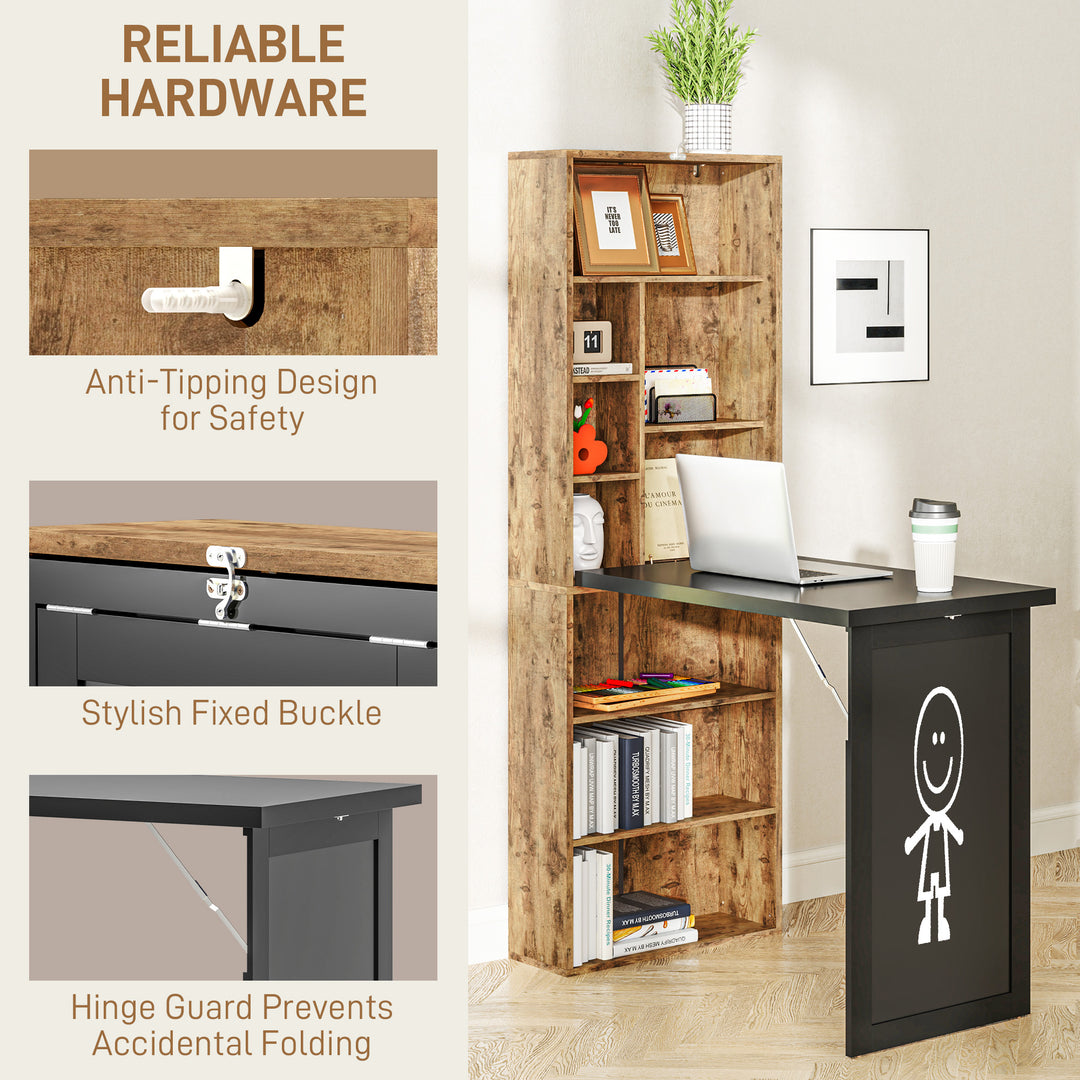 Folding Desk with Blackboard Multi-function Computer Office Workstation Side Shelf for Home Office, Rustic Brown