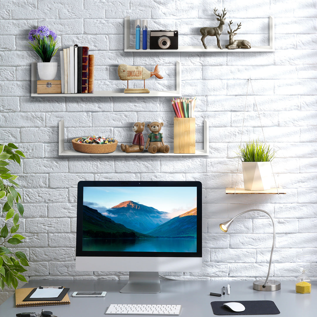 MCL Set of 3 Wooden U-Shaped Floating Shelves Set Wall Mounted Hanging Bookshelf CD DVD Storage Display for Bedroom Living Room Kitchen, White