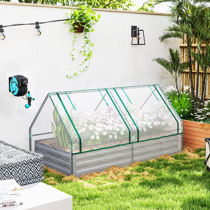 Metal Planter Box with Cover, Raised Garden Bed with Greenhouse, for Herbs and Vegetables, White and Dark Grey