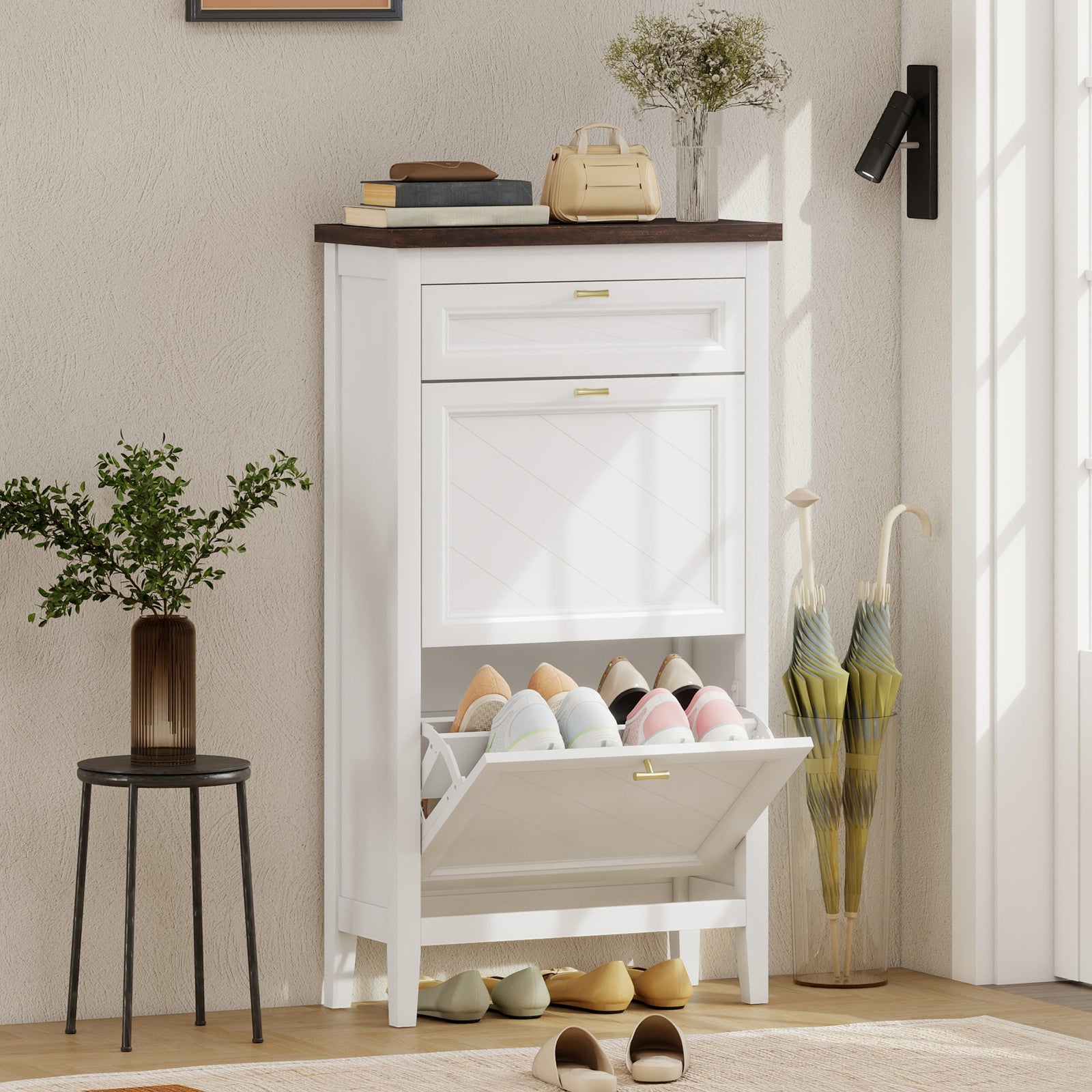 Shoe Cabinet with 2 Flip Drawers, Farmhouse Narrow Shoe Storage Cabine
