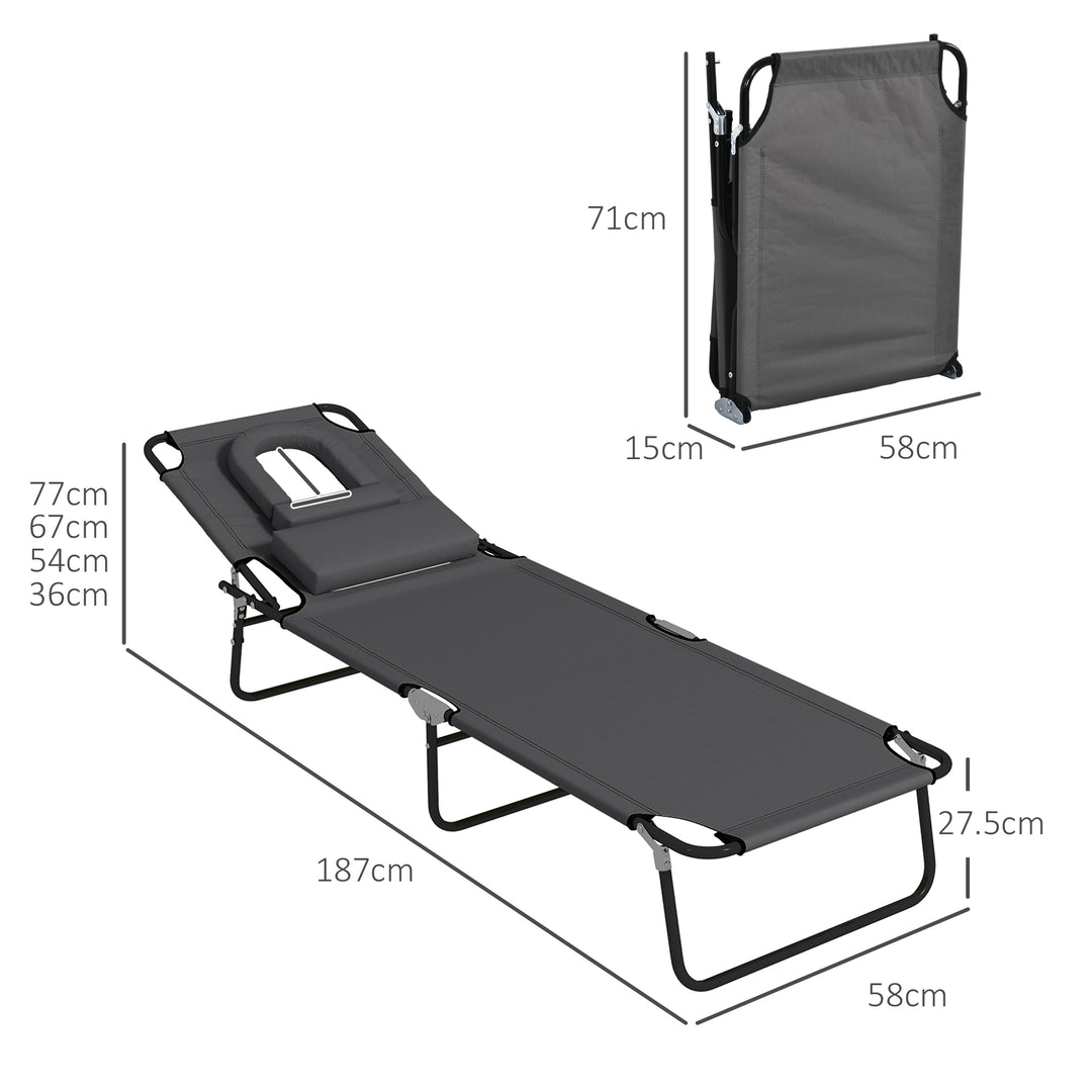 Outdoor Folding Sun Lounger Set of 2 with Face Hole, 4 Level Adjustable Backrest Reclining Garden Lounger, Garden Recliner Sunbed with 600 D Oxford Cloth Seat and Pillow for Beach, Dark Grey