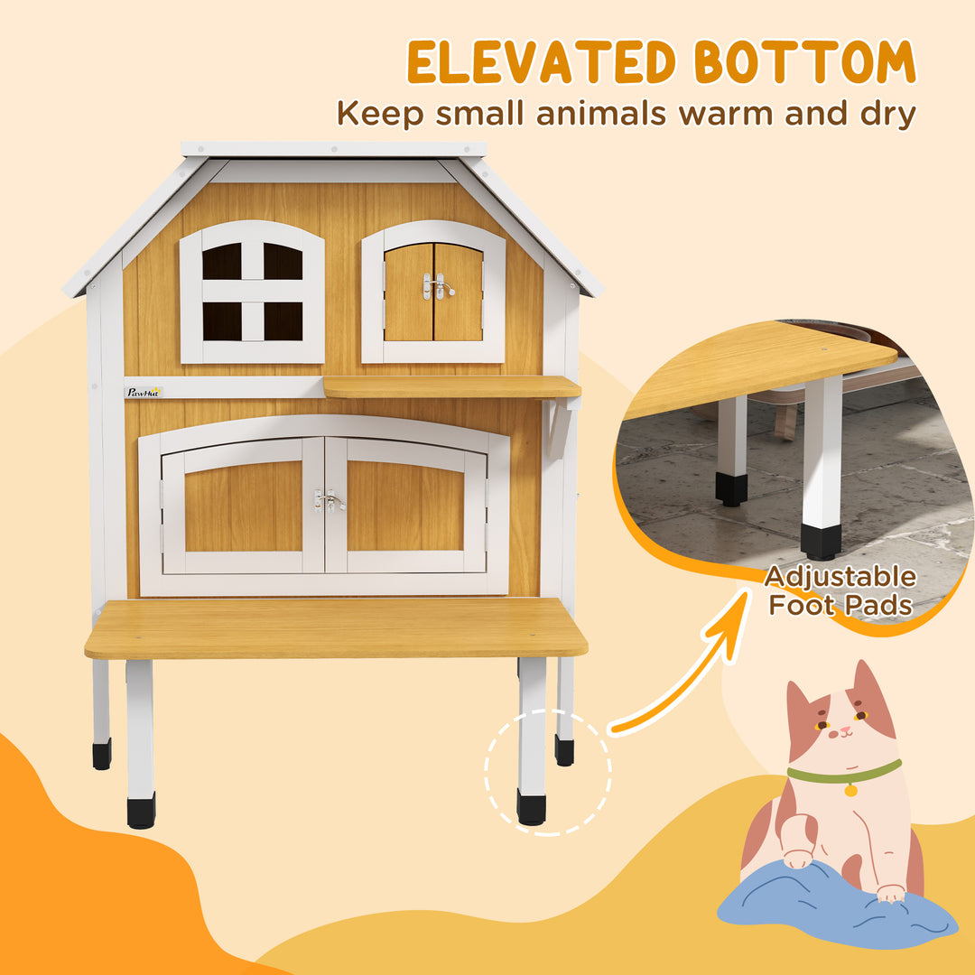 PawHut Outdoor Cat Shelter 2 Tiers Wooden Feral Cat House with Openable Asphalt Roof, Escape Doors, Terrace, for 1-2 Cats | Aosom UK