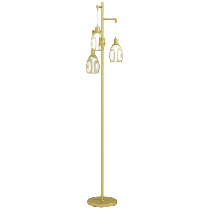 3-Light Floor Lamp, 170cm Industrial Dimmable Standing Lamp with Steel Wire Cage Lampshades for Living Room, Bedroom, Dining Room, Study, Gold Tone