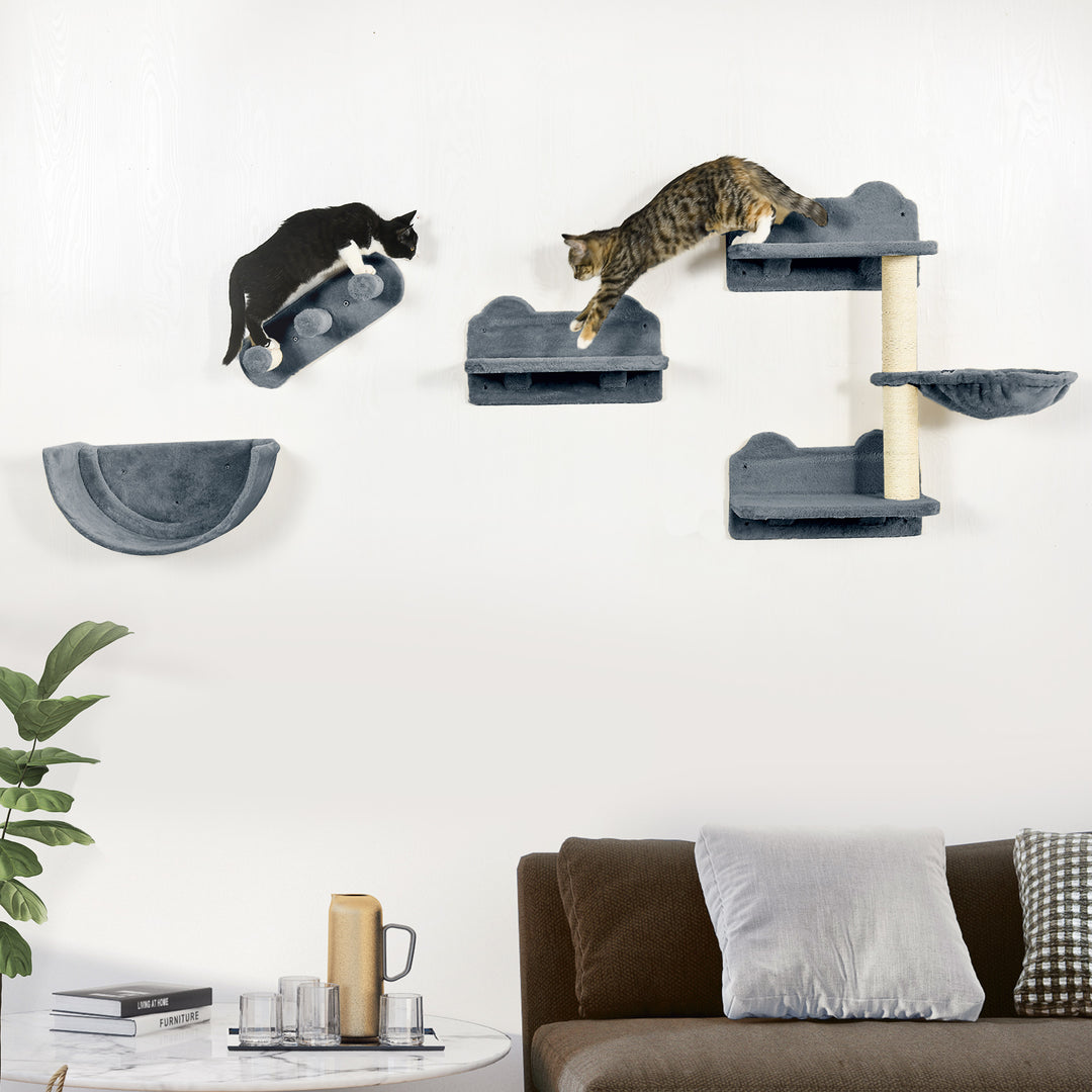 4PCs Wall-Mounted Cat Shelves w/ Scratching Post, Hammock, Nest - Grey